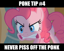 Size: 1609x1295 | Tagged: safe, edit, edited screencap, screencap, character:pinkie pie, species:earth pony, species:pony, episode:party of one, g4, my little pony: friendship is magic, best pone, caption, female, gritted teeth, image macro, mare, pone, solo, text, vulgar