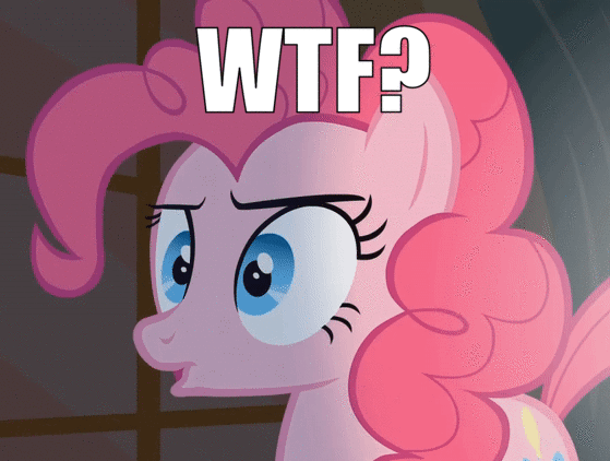 Size: 559x422 | Tagged: safe, edit, edited screencap, screencap, character:pinkie pie, episode:party of one, g4, my little pony: friendship is magic, animated, blinking, caption, cropped, female, image macro, loop, solo, text, wtf