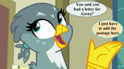 Size: 1280x720 | Tagged: safe, edit, edited screencap, screencap, character:gabby, episode:dragon dropped, g4, my little pony: friendship is magic, cute, dialogue, flipped image, gabbybetes, implied gallus, implied greta, mail, speech bubble