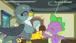 Size: 1280x720 | Tagged: safe, edit, edited screencap, screencap, character:gabby, character:spike, species:griffon, episode:dragon dropped, g4, my little pony: friendship is magic, behaving like a cat, catbird, cute, food, gabbybetes, griffons doing cat things, ice cream, purring, spikabetes, talking