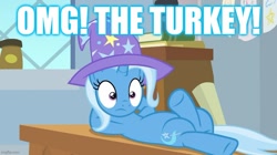 Size: 888x499 | Tagged: safe, edit, edited screencap, screencap, character:trixie, episode:a horse shoe-in, g4, my little pony: friendship is magic, caption, female, image macro, implied food, meme, solo, text, trixie yells at everything