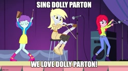 Size: 888x499 | Tagged: safe, edit, edited screencap, screencap, character:derpy hooves, equestria girls:rainbow rocks, g4, my little pony: equestria girls, my little pony:equestria girls, blueberry pie, caption, clothing, dolly parton, female, image macro, impact font, microphone, musical instrument, musical saw, raspberry fluff, saw, text, the muffins, triangle, under our spell, vj emmie, wakaliwood, who killed captain alex