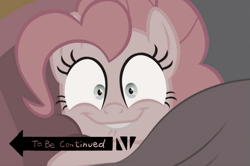 Size: 757x502 | Tagged: safe, edit, edited screencap, screencap, character:pinkie pie, episode:cakes for the memories, spoiler:cakes for the memories, spoiler:mlp friendship is forever, bed, i came, lip bite, looking at you, sepia, to be continued, to be continued (meme)