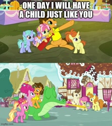Size: 500x562 | Tagged: safe, edit, edited screencap, screencap, character:cheese sandwich, character:gummy, character:kettle corn, character:li'l cheese, character:luster dawn, character:pinkie pie, character:pound cake, character:pumpkin cake, species:earth pony, species:pegasus, species:pony, species:unicorn, episode:the last problem, g4, my little pony: friendship is magic, caption, comic, image macro, indian summer, screencap comic, text