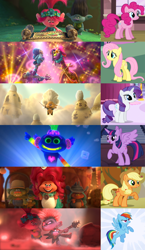 Size: 1800x3108 | Tagged: safe, edit, edited screencap, screencap, character:applejack, character:fluttershy, character:pinkie pie, character:rainbow dash, character:rarity, character:twilight sparkle, character:twilight sparkle (alicorn), species:alicorn, species:pony, episode:a dog and pony show, episode:fall weather friends, episode:stare master, episode:the ticket master, episode:three's a crowd, episode:twilight's kingdom, g4, my little pony: friendship is magic, branch (trolls), classical, country, cropped, delta dawn, dickory, funk, guitar, hickory, king quincy, king trollex, mane six, music genres, musical instrument, pop, poppy, queen barb, queen essence, rock, scroll, techno, tree branch, trolls, trolls world tour, trollzart