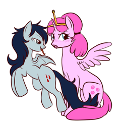 Size: 555x577 | Tagged: safe, artist:lulubell, species:alicorn, species:bat pony, species:pony, adventure time, bubbline, female, lesbian, marceline, mare, ponified, princess bubblegum, shipping, simple background, white background