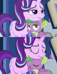Size: 2243x2896 | Tagged: safe, edit, edited screencap, screencap, character:spike, character:starlight glimmer, species:dragon, species:pony, species:unicorn, episode:cakes for the memories, spoiler:cakes for the memories, spoiler:mlp friendship is forever, cropped, cute, dawwww, eyes closed, female, glimmerbetes, hnnng, male, mare, spikabetes, winged spike