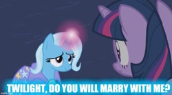 Size: 849x470 | Tagged: safe, edit, edited screencap, screencap, character:trixie, character:twilight sparkle, ship:twixie, episode:magic duel, g4, my little pony: friendship is magic, caption, female, grammar error, image macro, lesbian, magic, meme, shipping, text, trixie yells at everything
