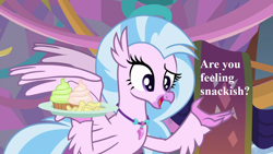Size: 1280x720 | Tagged: safe, edit, edited screencap, screencap, character:silverstream, species:hippogriff, episode:she's all yak, g4, my little pony: friendship is magic, bronybait, cupcake, cute, diastreamies, food, jewelry, necklace, speech