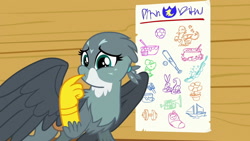 Size: 1280x720 | Tagged: safe, edit, edited screencap, screencap, character:gabby, species:griffon, species:pony, species:rabbit, episode:the fault in our cutie marks, g4, my little pony: friendship is magic, animal, baby, baby pony, baseball, baseball bat, beak, beakless, bowl, braces, cartoon physics, cauldron, diving, female, flower, football, i have no mouth and i must scream, implied apple bloom, implied scootaloo, implied sweetie belle, missing body part, modular, mouse, music notes, musical instrument, no mouth, no nose, paint can, paintbrush, pointing, poking, ship, solo, sports, spread wings, squirrel, trumpet, weight, wings