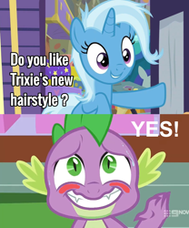 Size: 1196x1436 | Tagged: safe, edit, edited screencap, screencap, character:spike, character:trixie, ship:spixie, episode:cakes for the memories, episode:on the road to friendship, spoiler:cakes for the memories, spoiler:mlp friendship is forever, 9now, adorkable, blushing, caption, cute, dork, female, image macro, male, meme, shipping, straight, text, trixie yells at everything