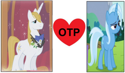 Size: 764x446 | Tagged: safe, edit, edited screencap, screencap, character:prince blueblood, character:trixie, species:pony, species:unicorn, ship:bluetrix, background pony strikes again, female, heart, male, mare, meme, otp, shipping, stallion, straight, wrong aspect ratio