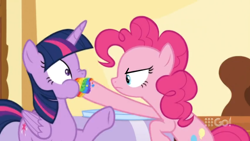 Size: 1600x900 | Tagged: safe, edit, edited screencap, screencap, character:pinkie pie, character:twilight sparkle, character:twilight sparkle (alicorn), species:alicorn, species:pony, episode:cakes for the memories, spoiler:cakes for the memories, spoiler:mlp friendship is forever, angry, bipedal, context is for the weak, hoof in mouth, rainbow cupcake, shoving, watermark