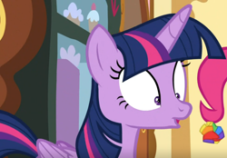 Size: 1218x850 | Tagged: safe, edit, edited screencap, screencap, character:pinkie pie, character:twilight sparkle, character:twilight sparkle (alicorn), species:alicorn, species:pony, episode:cakes for the memories, spoiler:cakes for the memories, spoiler:mlp friendship is forever, cropped, rainbow colors, spitting, surprised