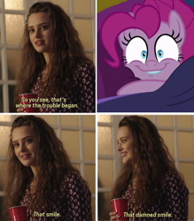 Size: 875x1000 | Tagged: safe, edit, edited screencap, screencap, character:pinkie pie, species:earth pony, species:pony, episode:cakes for the memories, spoiler:cakes for the memories, spoiler:mlp friendship is forever, bed, meme, that damn smile meme