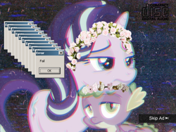 Size: 1125x844 | Tagged: safe, edit, edited screencap, screencap, character:spike, character:starlight glimmer, species:dragon, species:pony, species:unicorn, episode:cakes for the memories, spoiler:cakes for the memories, spoiler:mlp friendship is forever, chromatic aberration, cropped, duo, floral head wreath, flower, vaporwave, winged spike