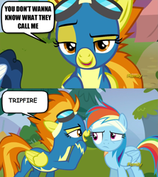 Size: 1279x1436 | Tagged: safe, edit, edited screencap, screencap, character:rainbow dash, character:spitfire, species:pegasus, species:pony, episode:newbie dash, g4, my little pony: friendship is magic, accident, exploitable meme, implied accident, implied tripping, meme, spitfire's nickname, tripfire