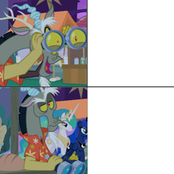 Size: 500x500 | Tagged: safe, edit, edited screencap, screencap, character:discord, character:princess celestia, character:princess luna, species:alicorn, species:draconequus, species:pony, episode:the summer sun setback, g4, my little pony: friendship is magic, beautiful, before and after, binoculars, bread, canterlot, clothing, disappointed, discord being discord, discord is not amused, ethereal mane, expecting, female, flowing mane, flowing tail, food, hawaiian shirt, immature, lidded eyes, male, meme, meme template, multicolored hair, night, obscured face, royal sisters, shrunken pupils, siblings, sisters, snaggletooth, unamused, walking, yellow sclera