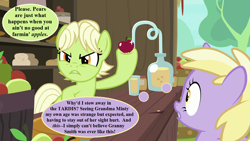 Size: 1280x720 | Tagged: safe, edit, edited screencap, screencap, character:dinky hooves, character:granny smith, episode:the perfect pear, g4, my little pony: friendship is magic, apple, apple stand, dialogue, doctor who, food, implied minty, speech bubble, talking, thought bubble, young granny smith, younger