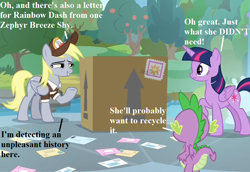 Size: 1008x693 | Tagged: safe, edit, edited screencap, screencap, character:derpy hooves, character:spike, character:twilight sparkle, character:twilight sparkle (alicorn), species:alicorn, species:dragon, species:pony, episode:the point of no return, g4, my little pony: friendship is magic, clothing, cropped, cute, derpabetes, dialogue, hat, implied rainbow dash, implied zephyr breeze, mail, mailmare hat, mailpony uniform, package, uh oh, winged spike