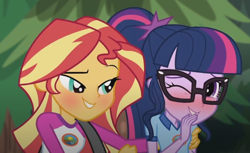 Size: 1444x881 | Tagged: safe, edit, edited screencap, screencap, character:sunset shimmer, character:twilight sparkle, character:twilight sparkle (scitwi), species:eqg human, equestria girls:legend of everfree, g4, my little pony: equestria girls, my little pony:equestria girls, blushing, camp everfree outfits, clothing, duo, female, glasses, grin, one eye closed, ponytail, shirt, smiling
