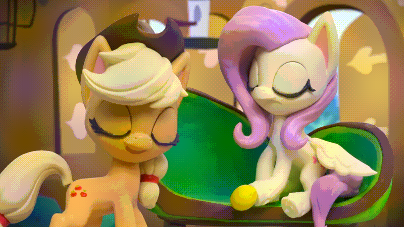 Size: 800x450 | Tagged: safe, edit, edited screencap, screencap, character:applejack, character:fluttershy, species:earth pony, species:pegasus, species:pony, my little pony: stop motion short, my little pony:pony life, abuse, animated, applejack's hat, bird feeder, boo, cage, chair, clenched teeth, clothing, combustible lemon, cowboy hat, dying for pie, explosion, flutterbuse, fluttershy's cottage (interior), fluttershy's hiccups, food, fruit, hat, lemon, looking around, mushroom cloud, plotting, scare, scared, smiling, sneaky, spongebob squarepants, stairs, window, wings