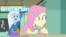 Size: 739x415 | Tagged: safe, edit, edited screencap, screencap, character:fluttershy, character:trixie, ship:trixieshy, episode:a little birdie told me, g4, my little pony: equestria girls, my little pony:equestria girls, caption, female, image macro, lesbian, meme, shipping, text, trixie yells at everything