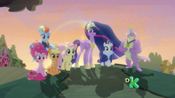 Size: 1920x1080 | Tagged: safe, edit, edited screencap, screencap, character:applejack, character:fluttershy, character:pinkie pie, character:rainbow dash, character:rarity, character:spike, character:twilight sparkle, character:twilight sparkle (alicorn), species:alicorn, species:dragon, species:pony, episode:the last problem, g4, my little pony: friendship is magic, discovery kids, gigachad spike, mane seven, mane six, older, older applejack, older fluttershy, older mane seven, older mane six, older pinkie pie, older rainbow dash, older rarity, older spike, older twilight, princess twilight 2.0, winged spike