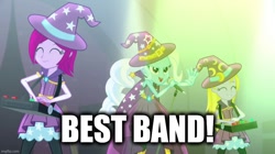 Size: 896x500 | Tagged: safe, edit, edited screencap, screencap, character:fuchsia blush, character:lavender lace, character:trixie, equestria girls:rainbow rocks, g4, my little pony: equestria girls, my little pony:equestria girls, best band, caption, female, image macro, meme, text, trio, trio female, trixie and the illusions, trixie yells at everything