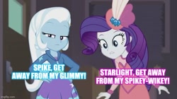 Size: 739x415 | Tagged: safe, edit, edited screencap, screencap, character:rarity, character:trixie, episode:rarity investigates: the case of the bedazzled boot, g4, my little pony: equestria girls, my little pony:equestria girls, caption, image macro, implied lesbian, implied shipping, implied sparity, implied sparlight, implied spike, implied starlight glimmer, implied startrix, implied straight, meme, text, trixie yells at everything