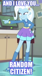 Size: 492x884 | Tagged: safe, edit, edited screencap, screencap, character:trixie, equestria girls:forgotten friendship, g4, my little pony: equestria girls, my little pony:equestria girls, caption, cropped, image macro, megamind, meme, metro man, reference, text, trixie yells at everything