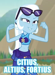Size: 739x1006 | Tagged: safe, edit, edited screencap, screencap, character:trixie, equestria girls:forgotten friendship, g4, my little pony: equestria girls, my little pony:equestria girls, belly button, caption, clothing, cropped, female, image macro, latin, meme, midriff, motto, olympic motto, olympics, sarong, sunglasses, swimsuit, text, trixie yells at everything