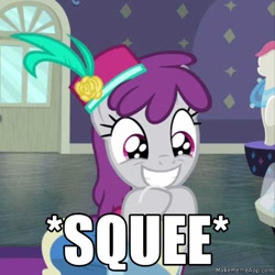 Size: 720x720 | Tagged: safe, edit, edited screencap, screencap, character:pinot noir, species:earth pony, species:pony, episode:fake it 'til you make it, caption, cropped, cute, happy, image macro, smiling, solo, squee, text