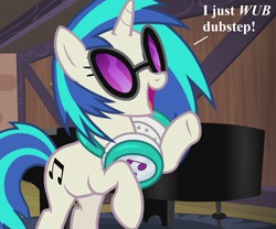 Size: 1296x1080 | Tagged: safe, edit, edited screencap, screencap, character:dj pon-3, character:vinyl scratch, episode:slice of life, g4, my little pony: friendship is magic, cropped, cute, headphones, musical instrument, piano, pun, sunglasses, talking, vinylbetes