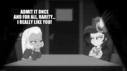 Size: 1280x720 | Tagged: safe, edit, edited screencap, screencap, character:rarity, character:trixie, episode:rarity investigates: the case of the bedazzled boot, g4, my little pony: equestria girls, my little pony:equestria girls, caption, female, image macro, lesbian, meme, rarixie, shipping, text, trixie yells at everything