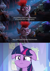 Size: 2000x2827 | Tagged: safe, edit, edited screencap, screencap, character:twilight sparkle, character:twilight sparkle (alicorn), species:alicorn, species:pony, episode:the ending of the end, g4, my little pony: friendship is magic, cheese whiz, comic, crying, crylight sparkle, ear piercing, eyeshadow, female, fishnets, floppy ears, invitation, makeup, mare, mohawk, piercing, queen barb, rock trolls, screencap comic, trolls, trolls world tour