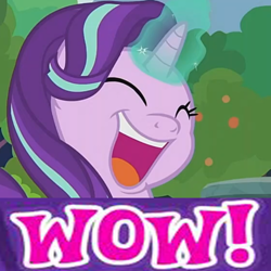 Size: 500x500 | Tagged: safe, edit, edited screencap, gameloft, screencap, character:starlight glimmer, species:pony, species:unicorn, episode:memnagerie, spoiler:memnagerie, spoiler:mlp friendship is forever, caption, cropped, faec, female, laughing, magic, meme, solo, wow! glimmer