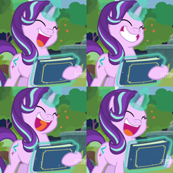 Size: 1440x1440 | Tagged: safe, edit, edited screencap, screencap, character:starlight glimmer, species:pony, species:unicorn, episode:memnagerie, spoiler:memnagerie, spoiler:mlp friendship is forever, cheerful, collage, compilation, cropped, cute, eyes closed, female, glimmerbetes, glowing horn, grin, hair flip, hoof hold, levitation, magic, magic aura, mare, scrapbook, smiling, solo, telekinesis