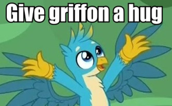 Size: 332x204 | Tagged: safe, edit, edited screencap, screencap, character:gallus, species:griffon, episode:what lies beneath, g4, my little pony: friendship is magic, arms in the air, arms spread out, bronybait, caption, chest fluff, claws, cropped, cute, gallabetes, hug request, image macro, male, meme, smiling, solo, spread wings, text, wings
