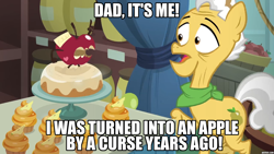 Size: 1280x720 | Tagged: safe, edit, edited screencap, screencap, character:grand pear, character:pear butter, species:earth pony, species:pony, episode:the big mac question, g4, my little pony: friendship is magic, apple, caption, cupcake, food, image macro, implied pear butter, living apple, male, pear cupcake, stallion, text
