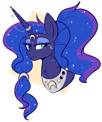 Size: 564x670 | Tagged: safe, artist:lulubell, character:princess luna, species:alicorn, species:pony, abstract background, alternate hairstyle, bust, chest fluff, circlet, eyeshadow, female, freckles, horn, horn jewelry, jewelry, lidded eyes, looking at you, makeup, mare, peytral, ponytail, smiling, solo, wavy mouth
