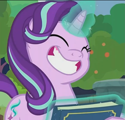 Size: 769x742 | Tagged: safe, edit, edited screencap, screencap, character:starlight glimmer, species:pony, species:unicorn, episode:memnagerie, spoiler:memnagerie, spoiler:mlp friendship is forever, big smile, book, cropped, female, gums, solo