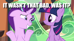 Size: 1000x563 | Tagged: safe, edit, edited screencap, screencap, character:starlight glimmer, character:twilight sparkle, character:twilight sparkle (alicorn), species:alicorn, species:pony, episode:the crystalling, g4, my little pony: friendship is magic, caption, cropped, image macro, question, shrug, text, text edit, train