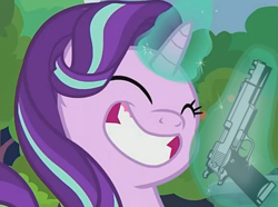 Size: 763x569 | Tagged: safe, edit, edited screencap, screencap, character:starlight glimmer, species:pony, species:unicorn, episode:memnagerie, spoiler:memnagerie, spoiler:mlp friendship is forever, cropped, cute, delet this, eyes closed, female, glimmerbetes, glowing horn, gun, handgun, horn, magic, mare, simple background, smiling, solo, telekinesis, this will end in communism, this will end in gulag, weapon