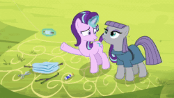 Size: 1280x720 | Tagged: safe, edit, edited screencap, screencap, character:maud pie, character:starlight glimmer, species:earth pony, species:pony, species:unicorn, episode:rock solid friendship, g4, my little pony: friendship is magic, animated, dubbing, french, german, glowing horn, happy, horn, kite, kite flying, levitation, magic, meadow, mountain, smiling, sound, telekinesis, tree, webm