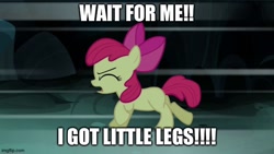 Size: 666x375 | Tagged: safe, edit, edited screencap, screencap, character:apple bloom, species:earth pony, species:pony, episode:bloom and gloom, g4, my little pony: friendship is magic, blank flank, caption, cute, excessive exclamation marks, female, filly, full house, image macro, meme, running, solo, text