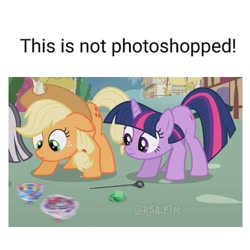 Size: 500x500 | Tagged: safe, edit, edited screencap, screencap, character:applejack, character:twilight sparkle, character:zecora, species:earth pony, species:pony, species:unicorn, episode:the cutie pox, g4, my little pony: friendship is magic, beyblade, blatant lies, cropped, female, mare, meme, offscreen character, stare