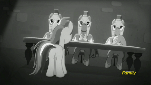 Size: 500x281 | Tagged: safe, edit, edited screencap, screencap, character:rainbow dash, episode:rarity investigates, g4, my little pony: friendship is magic, animated, black and white, discovery family logo, grayscale, head turn, loop, monochrome, royal guard