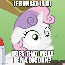 Size: 500x500 | Tagged: safe, edit, edited screencap, screencap, character:sweetie belle, species:pony, species:unicorn, episode:ponyville confidential, g4, my little pony: friendship is magic, caption, cropped, exploitable meme, floppy ears, hoof on chin, image macro, impact font, implied bisexual, implied sunset shimmer, meme, obligatory pony, sudden clarity sweetie belle, text