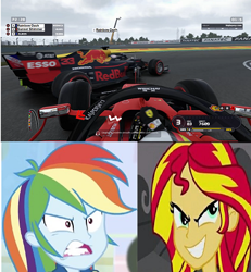 Size: 419x454 | Tagged: safe, edit, edited screencap, screencap, character:rainbow dash, character:sunset shimmer, my little pony:equestria girls, collision, formula 1, formula 1 2019, game, game screencap